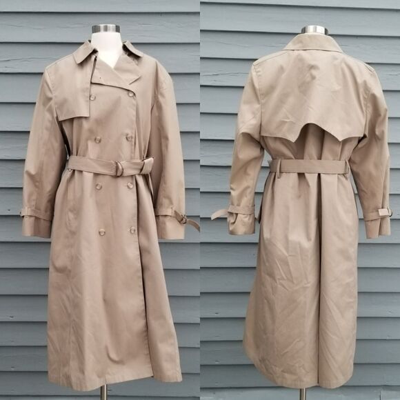 Vintage 80s London Fog Double Breasted Belted British Khaki Plaid Trench Coat 14 - Picture 3 of 10